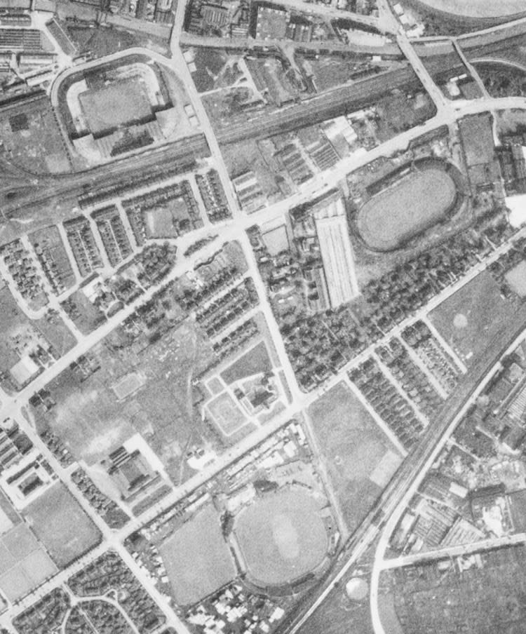 Old Trafford football ground damaged during a bombing raid, taken in May 1944