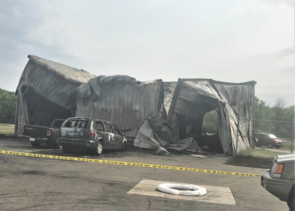 Flames destroyed this building at Southern Tier Commerce Center in Southport on Tuesday, May 23, 2023. The lone occupant, who ran an auto repair shop, was severely burned and later died at Robert Packer Hospital in Sayre.