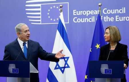 Israel's Prime Minister Benjamin Netanyahu and European Union foreign policy chief Federica Mogherini brief the media at the European Council in Brussels, Belgium December 11, 2017. REUTERS/Francois Lenoir