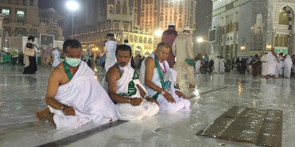 Muslim pilgrims perform prayer in the Muslim holy city of Mecca under the rain in Saudi Arabia on September 10, 2015. Kaaba receives rain four or five times during a year, so that the pilgrims in Mecca return thanks as they pray. Muslim pilgrimage, so called Hajj, a central pillar of Islam and one that able-bodied Muslims must make once in their lives, is a four-day spiritual cleansing of the five pillars of Islam