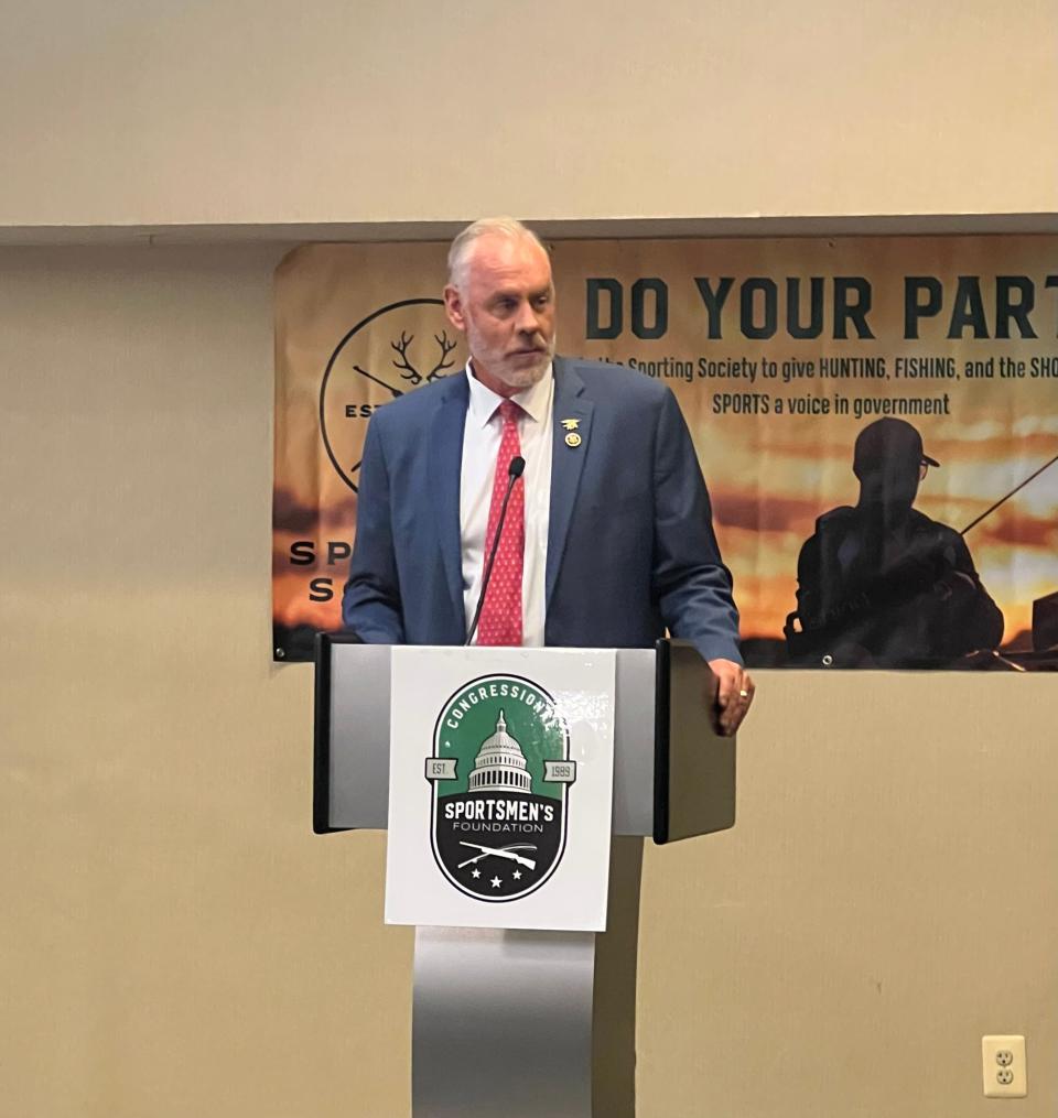 U.S. Congressman from Montana and former Secretary of the Interior Ryan Zinke addresses the VIP reception of the Congressional Sportsmen's Foundation (CSF) annual banquet in Washington D.C.