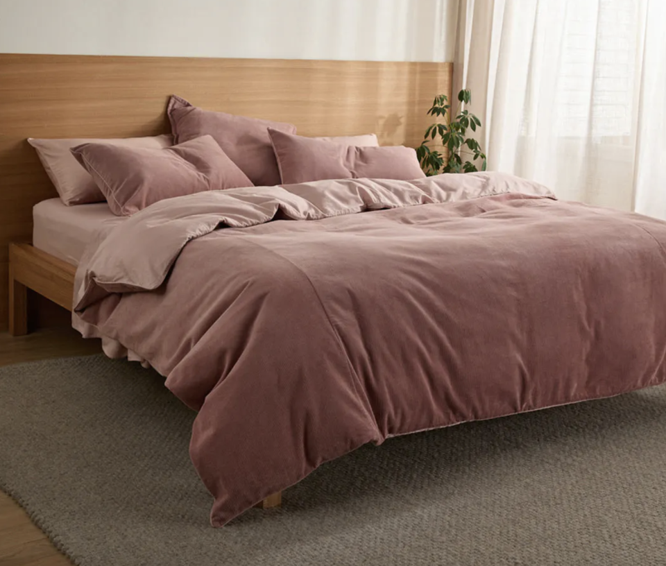 Darcy Corduroy Blush Quilt Cover in a minimalist bedroom