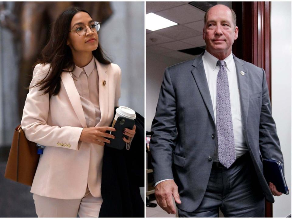 Rep. Alexandria Ocasio-Cortez, left, was called a ‘f****** b****’ on the steps of the US Capitol by Rep. Ted Yoho, a Republican from Florida, in 2020 (AP)