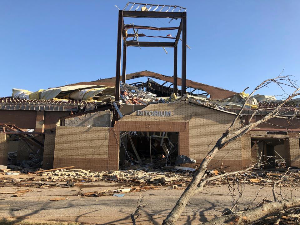 Wynne High school is damaged from Friday's severe weather in Wynne, Ark., on Saturday, April 1, 2023.  Unrelenting tornadoes that tore through parts of the South and Midwest that shredded homes and shopping centers. (AP Photo/Adrian Sainz)