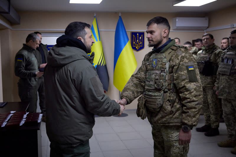 Ukraine's President Zelenskiy visits Ukrainian service members in Donetsk region