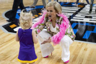 LSU coach Kim Mulkey greets a young person after LSU defeated Utah in a Sweet 16 college basketball game in the women's NCAA Tournament in Greenville, S.C., Friday, March 24, 2023. (AP Photo/Mic Smith)