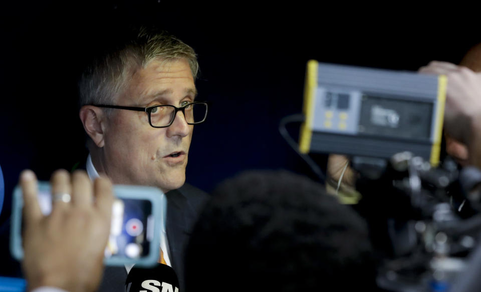 Astros general manager, Jeff Luhnow speaks during a news conference before Game 4 of the ALCS in Houston. (AP)