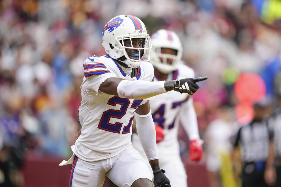 Buffalo Bills cornerback Tre'Davious White (27) celebrates his interception against the Washington Commanders during the second half of an NFL football game, Sunday, Sept. 24, 2023, in Landover, Md. (AP Photo/Andrew Harnik)