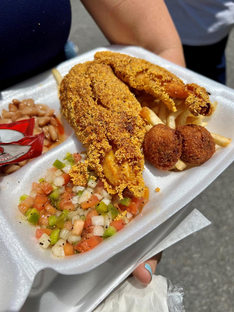 Fried fish, hush puppies, beans and French fries from Bob's Fish Fry food truck July 6 at the food truck park Street Eats weekly pop up in downtown Nashville