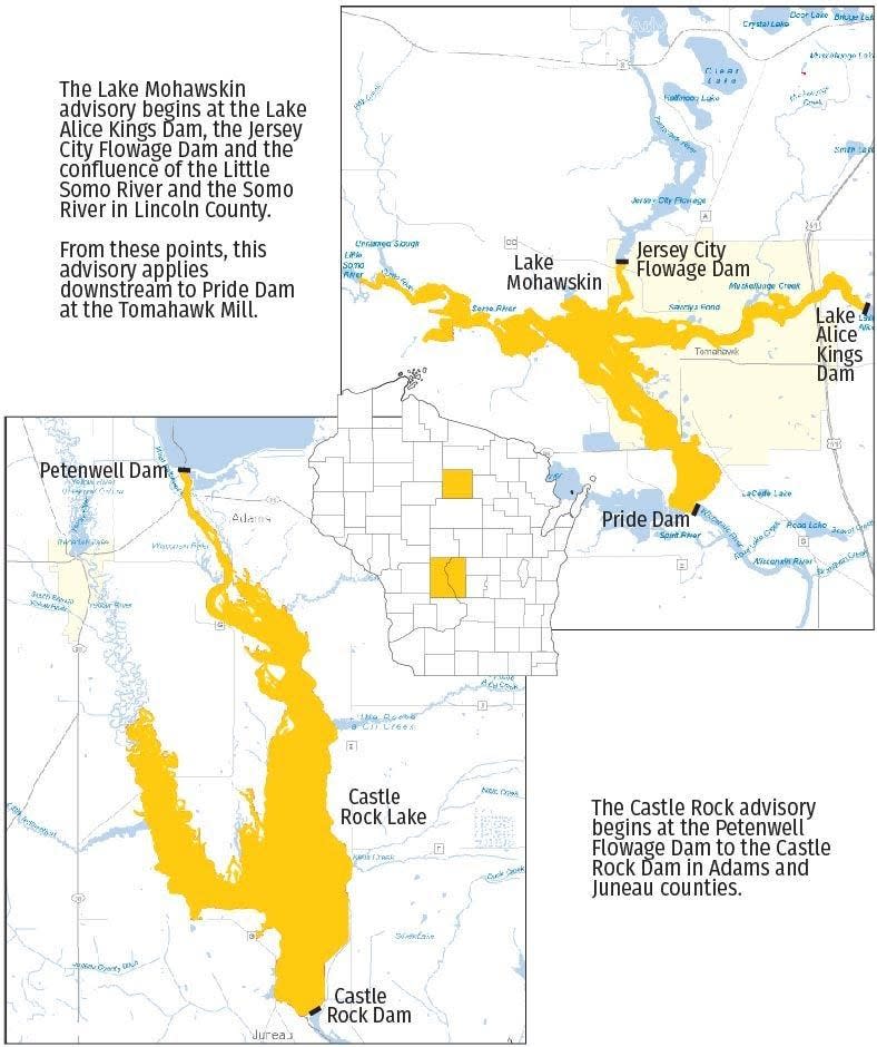 A map detailing fish advisories for PFAS at Lake Mohawskin and Castle Rock Lake