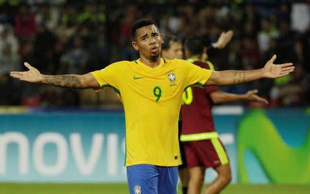 Football Soccer - Venezuela v Brazil - World Cup 2018 Qualifiers - Metropolitano Stadium, Merida, Venezuela - 11/10/16 - Brazil's Gabriel Jesus reacts. REUTERS/Marco Bello