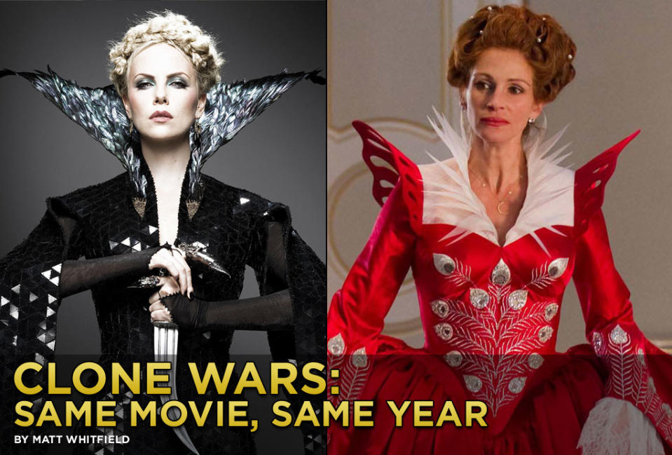 Before you head to the theater this weekend to see Kristen Stewart do battle with Evil Queen Charlize Theron in <a href="http://movies.yahoo.com/movie/snow-white-and-the-huntsman/" data-ylk="slk:&quot;Snow White and the Huntsman&quot;" class="link ">"Snow White and the Huntsman"</a> (aka the dark, PG-13-rated version of <a href="http://movies.yahoo.com/movie/mirror-mirror-2012/" data-ylk="slk:&quot;Mirror Mirror&quot;" class="link ">"Mirror Mirror"</a>), check out this slideshow featuring other pairs of shockingly similar movies released during the same year.<br><br>Follow <a href="http://bit.ly/lifeontheMlist" rel="nofollow noopener" target="_blank" data-ylk="slk:Matt Whitfield" class="link ">Matt Whitfield</a> on Twitter.<br>Follow <a href="http://twitter.com/yahoomovies" rel="nofollow noopener" target="_blank" data-ylk="slk:Yahoo! Movies" class="link ">Yahoo! Movies</a> on Twitter.