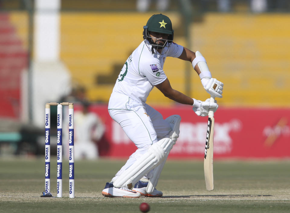 Pakistani batsman Azhar Ali hits boundary against Sri Lanka during the second Test in Karachi, Pakistan, Sunday, Dec. 22, 2019. (AP Photo/Fareed Khan)