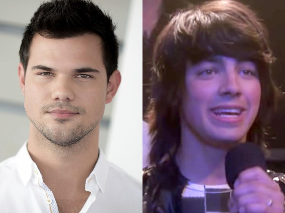 side by side photos of taylor lautner on a red carpet and joe jonas in camp rock