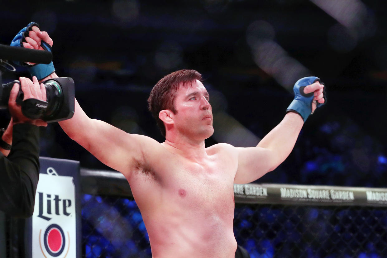 Jun 14, 2019; New York, NY, USA; Chael Sonnen is introduced before his fight against Lyoto Machida (not pictured) during Bellator 222 at Madison Square Garden. Machida won the fight. Mandatory Credit: Ed Mulholland-USA TODAY Sports