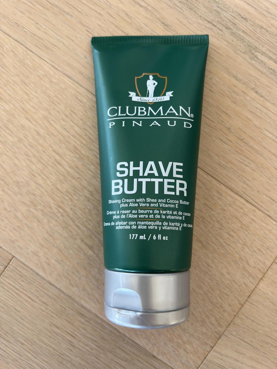 clubman pinaud shave butter photographed on the floor