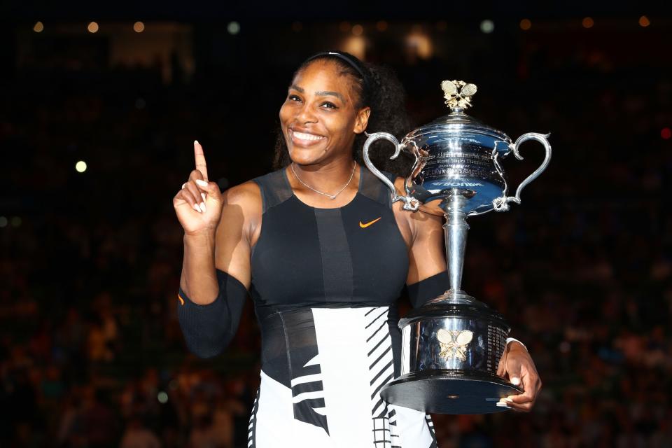 <p>Serena Williams with her Australian Open trophy </p>