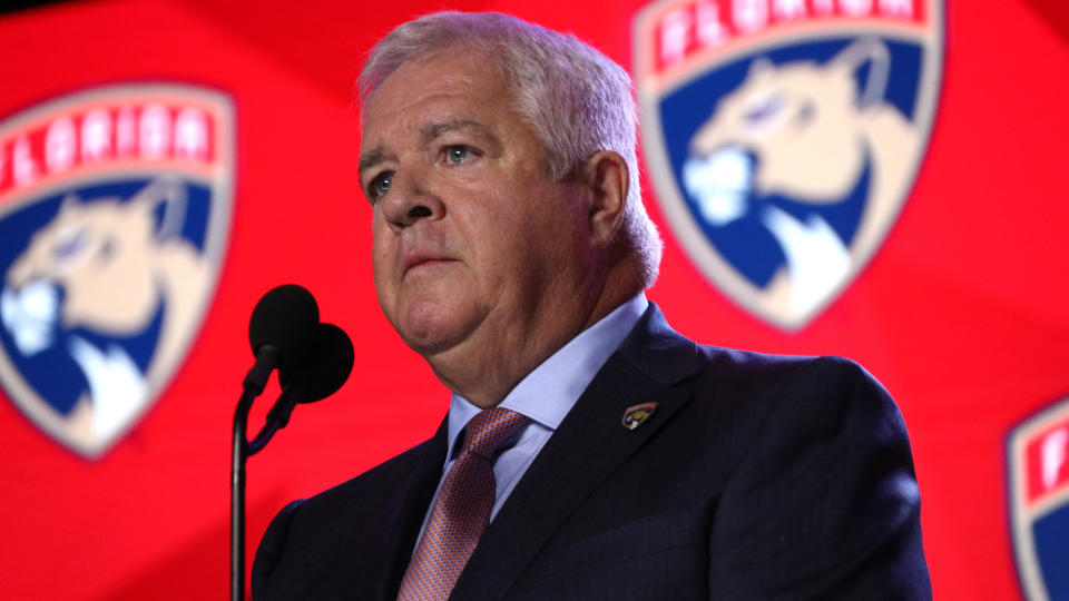 VANCOUVER, BRITISH COLUMBIA - JUNE 21: General manager Dale Tallon of the Florida Panthers speaks onstage during the first round of the 2019 NHL Draft at Rogers Arena on June 21, 2019 in Vancouver, Canada. (Photo by Dave Sandford/NHLI via Getty Images)