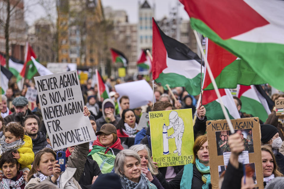 Demonstrators protest against Israel's President Isaac Herzog attending the opening of the new National Holocaust Museum in Amsterdam, Netherlands, Sunday, March 10, 2024. (AP Photo/Phil Nijhuis)