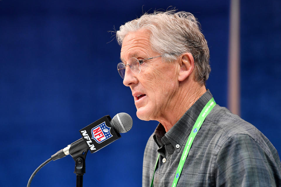 INDIANAPOLIS, INDIANA - FEBRUARY 25: Head coach Pete Carroll of the Seattle Seahawks interviews during the first day of the NFL Scouting Combine at Lucas Oil Stadium on February 25, 2020 in Indianapolis, Indiana. (Photo by Alika Jenner/Getty Images)