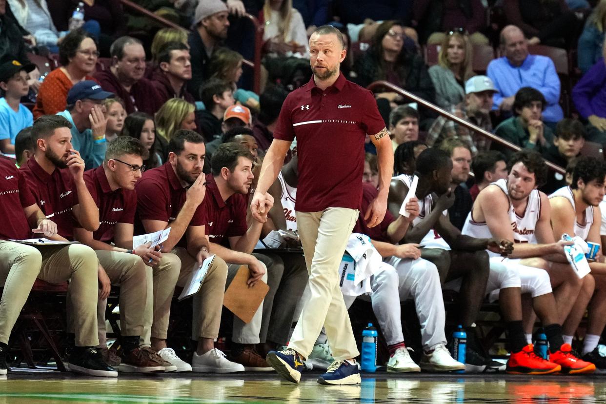 College of Charleston coach Pat Kelsey walks the sideline during his team's game against the William & Mary Tribe at TD Arena.