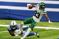 Indianapolis Colts linebacker E.J. Speed (45) tackles New York Jets wide receiver Josh Malone (83) on a kickoff in the second half of an NFL football game in Indianapolis, Sunday, Sept. 27, 2020. (AP Photo/Darron Cummings)