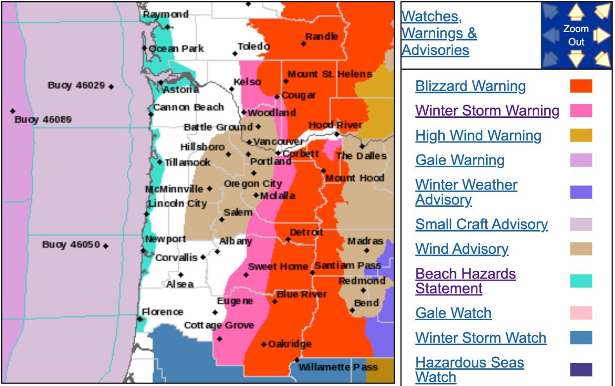 The National Weather Service has issued a blizzard warning for Oregon's Cascade mountain roads and passes from Tuesday to Wednesday.