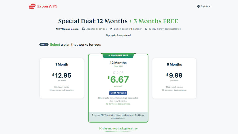 A screenshot of ExpressVPN's pricing plans