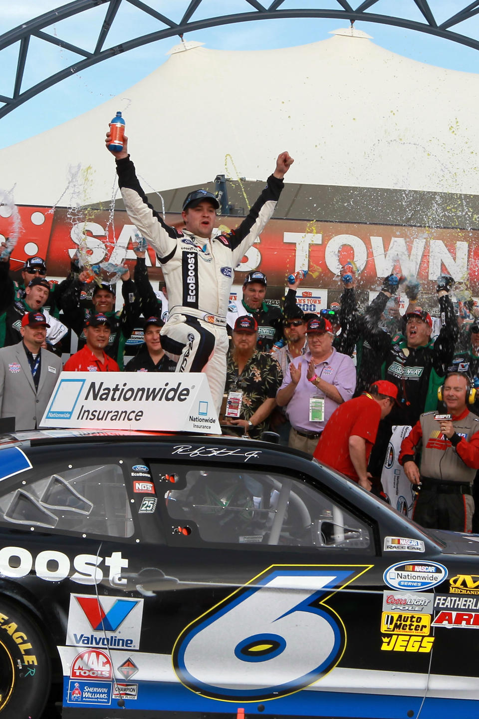 LAS VEGAS, NV - MARCH 10: Ricky Stenhouse Jr., driver of the #6 Ford EcoBoost Ford, celebrates in Victory Lane after winning the NASCAR Nationwide Series Sam's Town 300 at Las Vegas Motor Speedway on March 10, 2012 in Las Vegas, Nevada. (Photo by Jerry Markland/Getty Images for NASCAR)