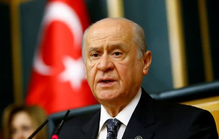 Nationalist Movement Party (MHP) leader Devlet Bahceli addresses his party MPs during a meeting at the Turkish parliament in Ankara, Turkey, June 14, 2016. REUTERS/Umit Bektas/File Photo