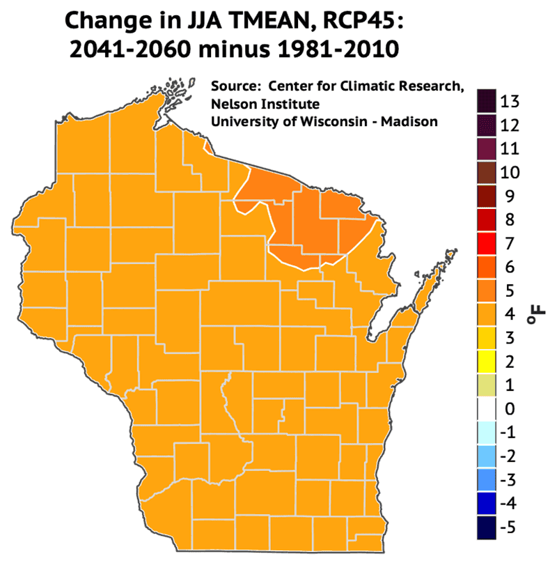 Projected change in summer average daily temperature from 1981-2010 to 2041-2060.