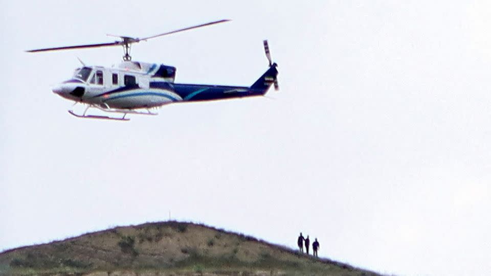 A helicopter carrying Iran's President Ebrahim Raisi takes off on May 19, 2024, before the crash took place. - Ali Hamed Haghdoust/Wana News Agency/Reuters