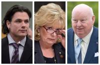 Sen. Patrick Brazeau, (L to R) Sen. Pamela Wallin and Sen. Mike Duffy are seen in this combination of three file photos. The Conservative drive to suspend three of its black-sheep senators without pay is sputtering amid an apparent difference of opinion between the prime minister and his leader in the Senate as Tories in the upper chamber seek to end debate on the sanctions.THE CANADIAN PRESS/Adrian Wyld