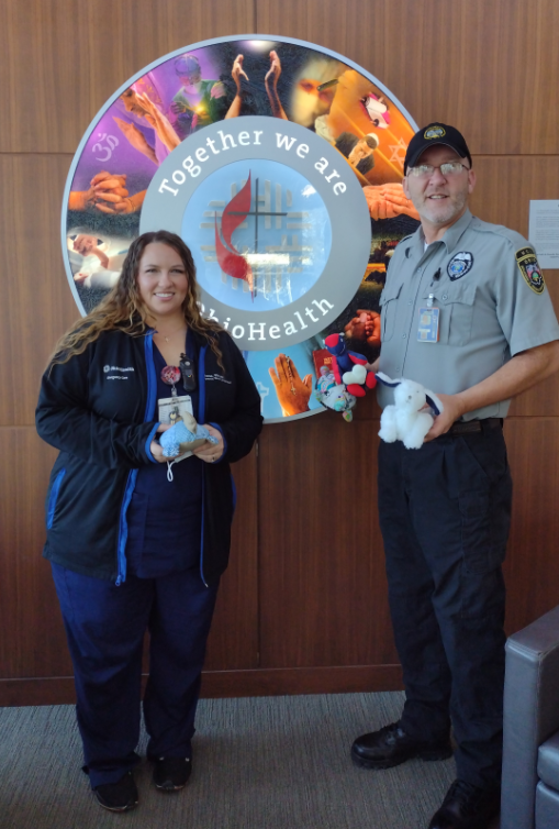 OhioHealth Marion General Hospitals Sheree Ford and Marion Correctional Institute's Robert Wallingford are seem with two of the 60 stuffed bears made by inmates in the AMVETS program at MCI that were recently delivered to the hospital.