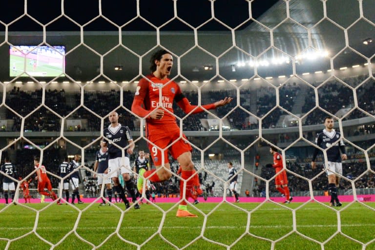 Paris' Uruguayan forward Edinson Cavani celebrates after scoring a goal during the French League Cup football match between Bordeaux and Paris Saint-Germain on January 24, 2017 at the Matmut Atlantique stadium in Bordeaux, southwestern France