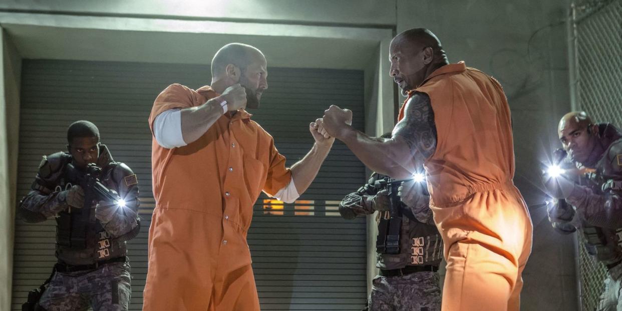 Jason Statham and Dwayne Johnson in The Fate of the Furious. (Photo: Universal Pictures)