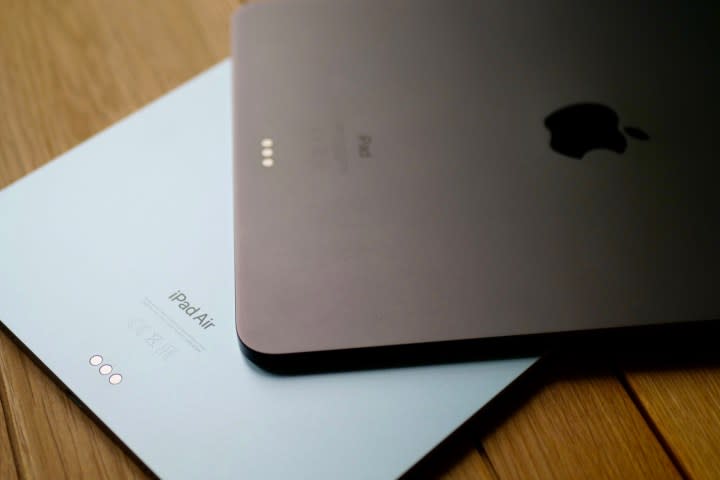 The M2 iPad Air with the 2020 iPad Pro, seen from the back.