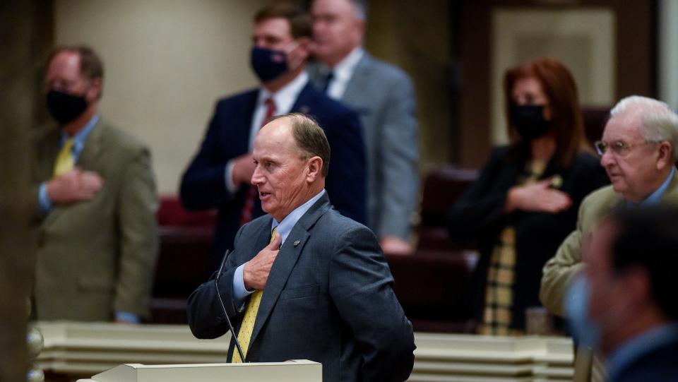 Rep. Reed Ingram leads the Pledge of Allegiance during the special session on redistricting at the Alabama Statehouse in Montgomery, Ala., on Wednesday November 3, 2021. 