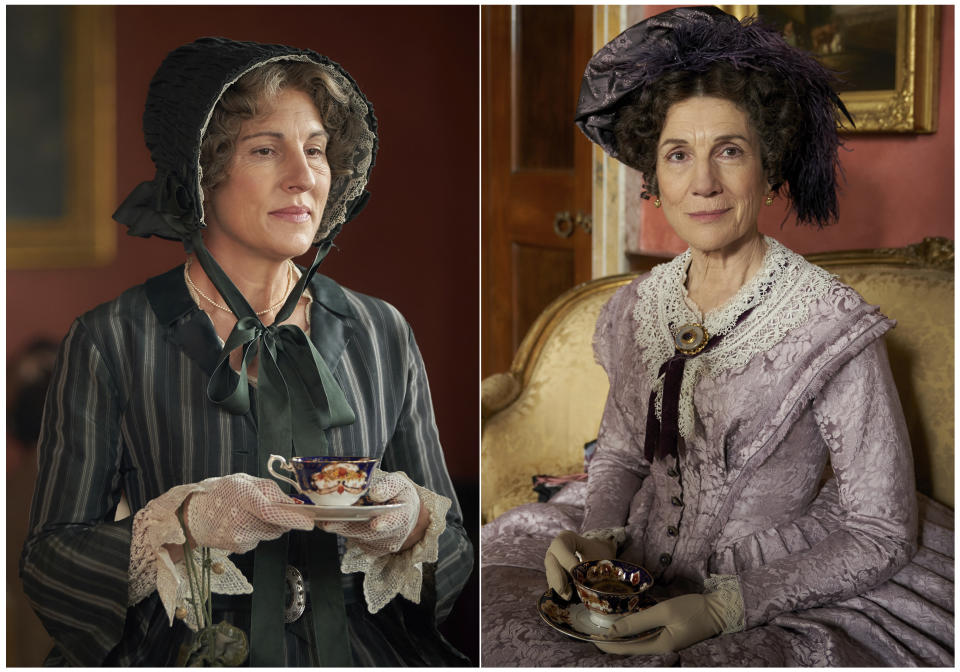 CORRECTS TITLE TO BELGRAVIA - This combination of photos released by Epix shows Tamsin Greig, left, and Harriet Walter, as matriarchs of two families in Julian Fellowes' latest series "Belgravia." (Robert Viglasky/Carnival Films/Epix via AP)