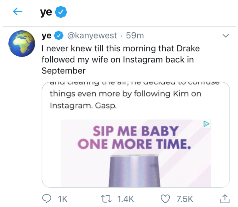 Kanye West’s followers woke up to another Drake tirade. (Photo: Kanye West via Twitter)