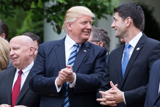 Former President Donald Trump, and Paul Ryan, speaker of the U.S. House of Representatives, speak during a press conference with members of the GOP, on the passage of legislation to roll back the Affordable Care Act, in the Rose Garden of the White House on May 4, 2017.