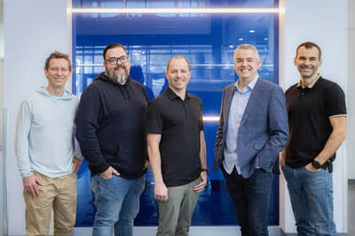 From left to right: Jean-Sébastien Darveau, president of Stratéjia, Kevin Moore, president of Vooban, Pascal Girard, VP of digital solutions at Stratéjia, Hugo Lachambre, VP of growth and development at Stratéjia, Hugues Foltz, executive VP of Vooban. (CNW Group/Vooban)