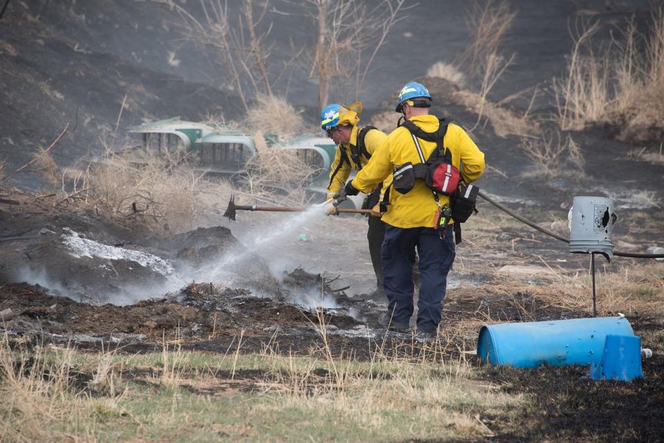 Poudre Fire Authority firefighters douse a grass fire that occurred north of Fort Collins on March 26.