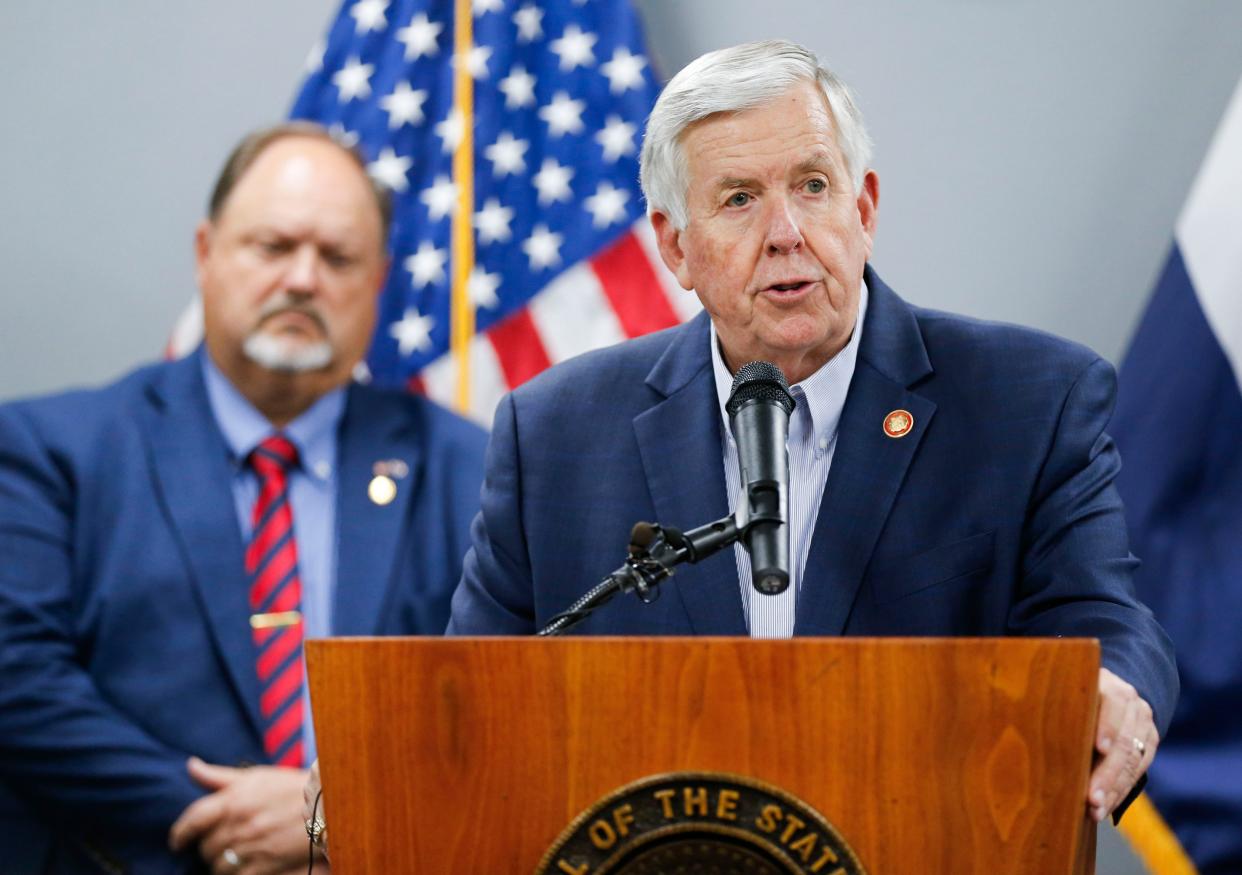 Missouri Governor Mike Parson speaks at a press conference establishing a Counter Human Trafficking Taskforce on Thursday, April 25, 2024.