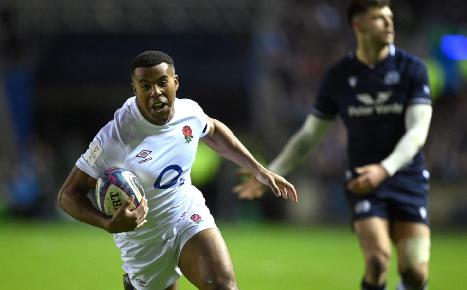 EDINBURGH, SCOTLAND - FEBRUARY 24: England player Immanuel Feyi-Waboso runs in to score the second England try during the Guinness Six Nations 2024 match between Scotland and England at BT Murrayfield Stadium on February 24, 2024 in Edinburgh, Scotland. (Photo by Stu Forster/Getty Images)