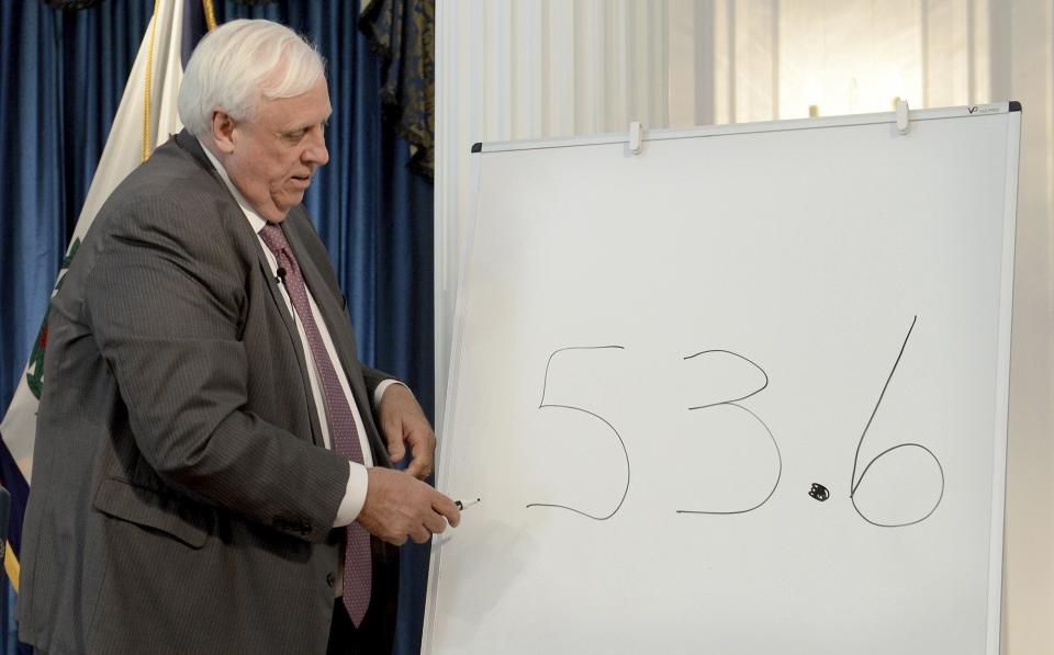 FILE - In this Thursday, May 2, 2019 file photo, West Virginia Gov. Jim Justice writes the number 53.6 on a whiteboard, signifying the dollar amount (in millions) of the surplus in tax collections for the month of April, during a news conference, at the state Capitol in Charlston, W.V. Teachers in West Virginia walked out of the classroom last year and sparked a national wave of strikes.Teachers in West Virginia walked out of the classroom last year and sparked a national wave of strikes. Now they're being tested again. It's not clear, though, whether teachers have the clout to slow a Senate GOP education plan that calls for charter schools and would make future walkouts a fireable offense. (Chris Dorst/Charleston Gazette-Mail via AP)