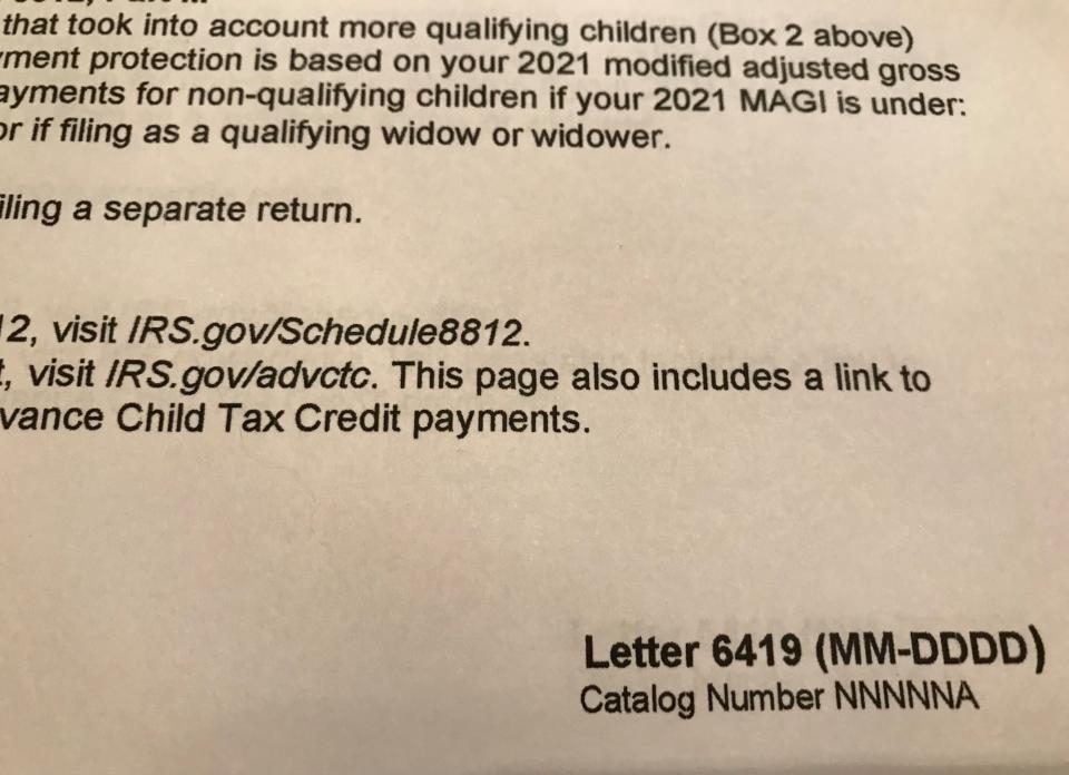 The IRS is sending out a one-page tax document to parents called Letter 6419, which is seen at the bottom right corner of the letter. The letter is needed to do your taxes accurately.