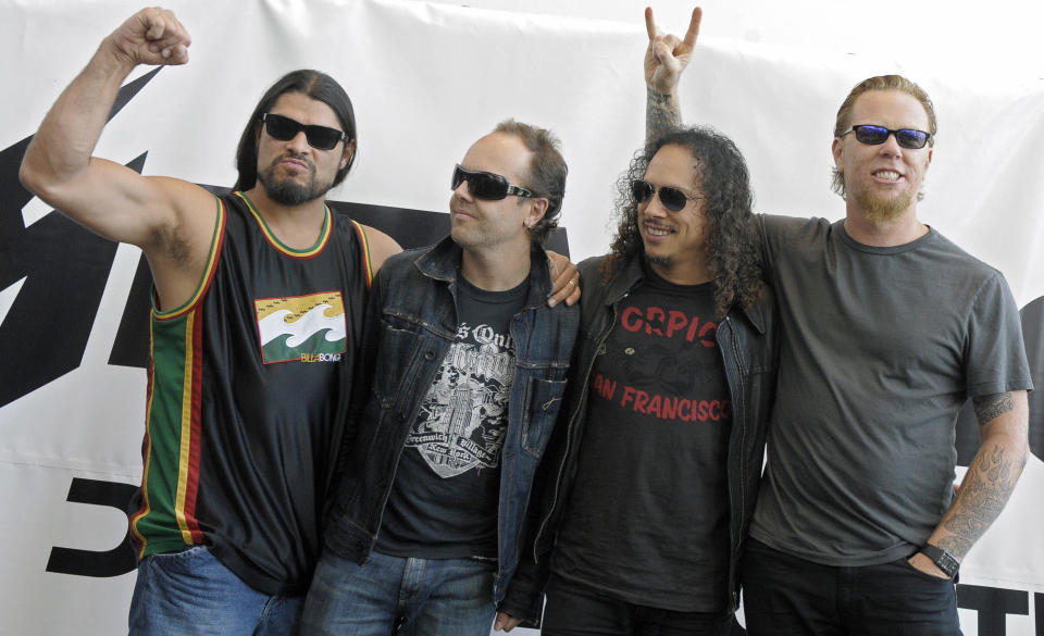 Members of the US heavy metal band Metallica (From L) Robert Trujillo, Lars Ulrich, Kirk Hammett and James Hetfield pose for photographers at the newly opened O2 Arena in Berlin on September 12, 2008. The band are releasing their new album and playing a concert at the Arena later that day. AFP PHOTO DDP / MICHAEL GOTTSCHALK  GERMANY OUT (Photo credit should read MICHAEL GOTTSCHALK/AFP/Getty Images)