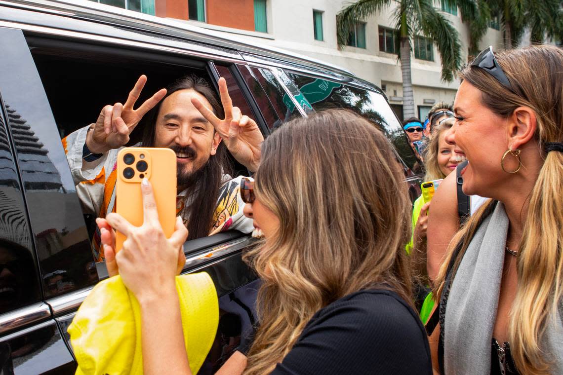 American DJ Steve Aoki interacts with fans in the middle of Biscayne Boulevard as he is driven into Ultra 2024 at Bayfront Park in Downtown Miami on Saturday, March 23, 2024.