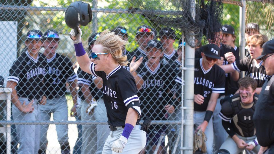 Rumson-Fair Haven's Charlie Tallman celebrates after hitting a 2-run home run during the Group 2 baseball state semifinal game between Haddon Heights and Rumson-Fair Haven played in Haddon Heights on Monday, June 13, 2022.